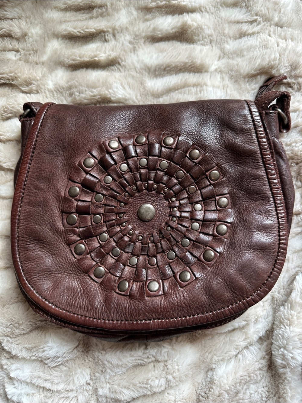 Brown Leather Crossbody Bag with Studded Mandala Detail